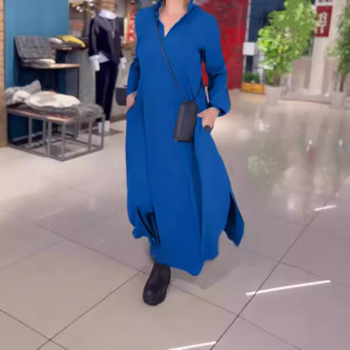 Damen nan fließendes Maxikleid mit V-Ausschnitt, kastiger A-Linie und langen Ärmeln Echo Archiv