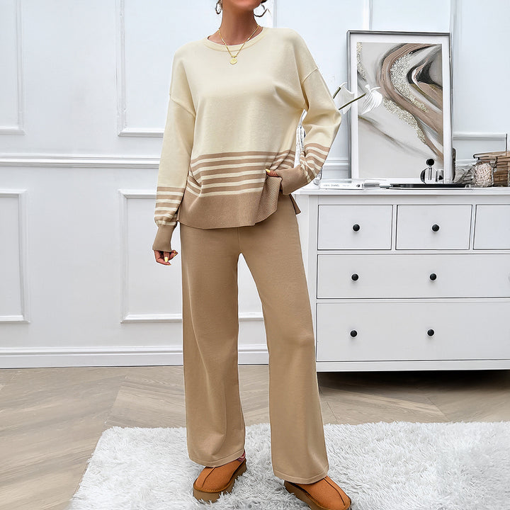 Damen nan lässiges Strick-Lounge-Set mit gestreiftem Rundhals-Pullover, Raglanärmeln und weiten taillenhohen Hosen Echo Archiv