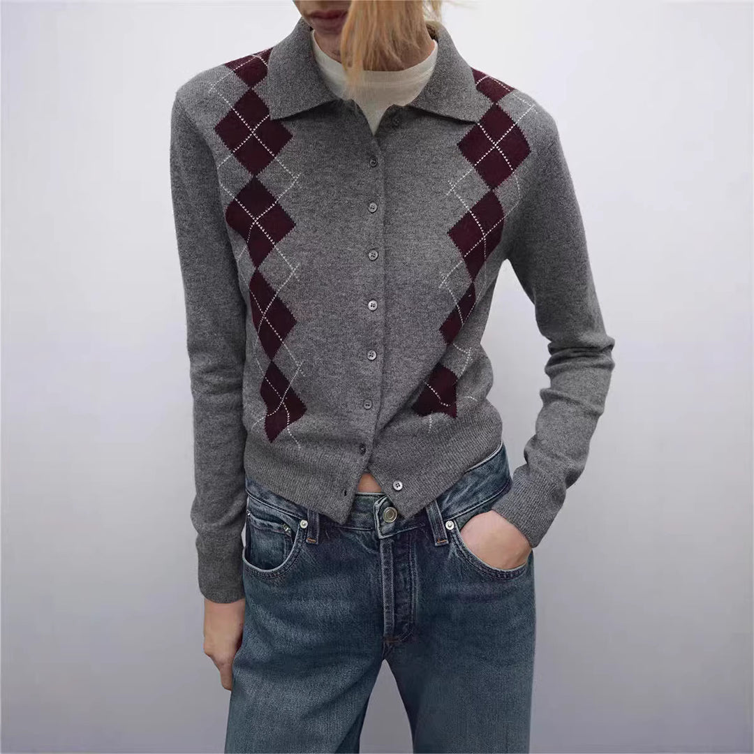 Damen Feinstrick-Cardigan mit Argyle‑Muster, Polokragen und tailliertem Cropped‑Schnitt Echoarchiv