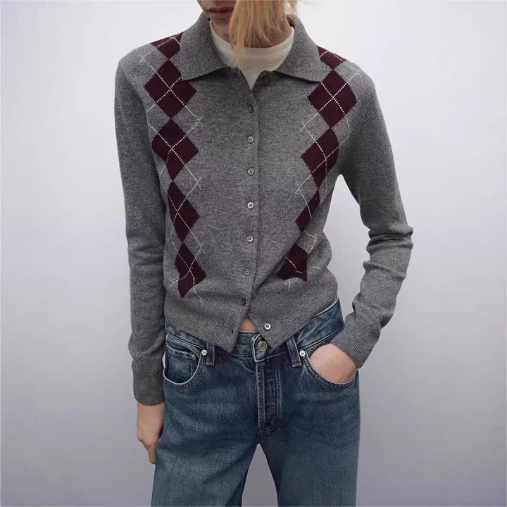 Damen Feinstrick-Cardigan mit Argyle‑Muster, Polokragen und tailliertem Cropped‑Schnitt Echoarchiv