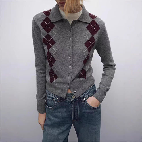 Damen Feinstrick-Cardigan mit Argyle‑Muster, Polokragen und tailliertem Cropped‑Schnitt Echoarchiv