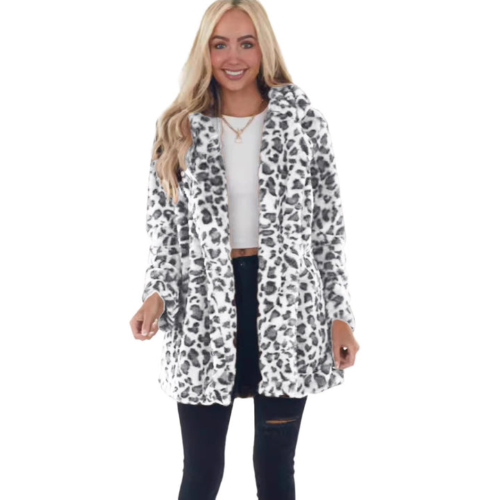 Damen Kunstfell Leopardenmuster Kapuzen Plüsch Mid-Length Mantel – Montévia