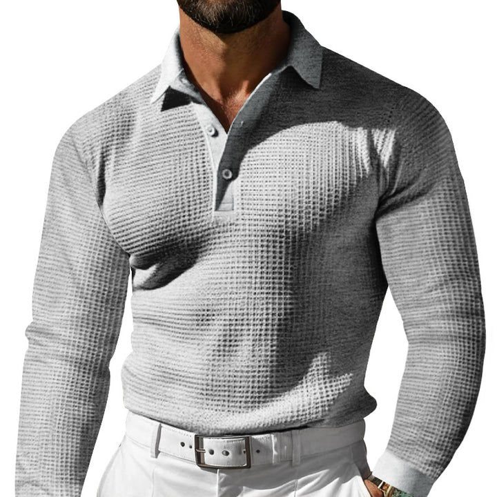 Herren Waffelstruktur-Poloshirt mit Langarm, Slim-Fit und Kentkragen Echoarchiv