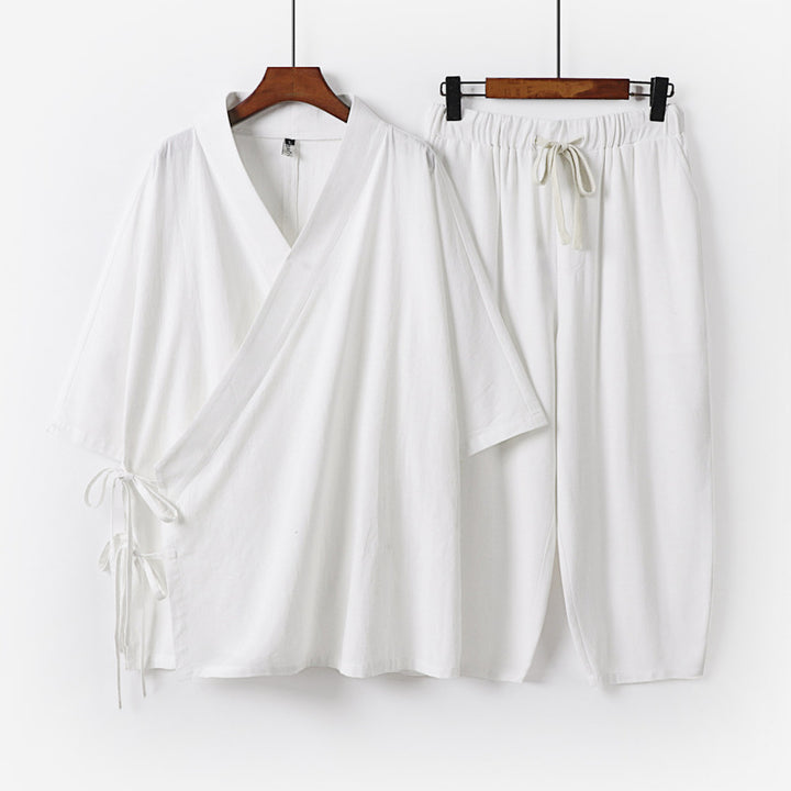 Herren Kimono-Loungewear-Set mit Wickeloberteil, Kordelbundhose und lockerer Passform Echoarchiv