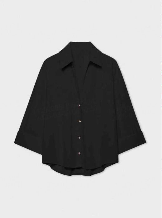 Damen Leichte Oversize Leinenoptik Bluse mit Dreiviertelärmeln und durchgehender Knopfleiste Echoarchiv