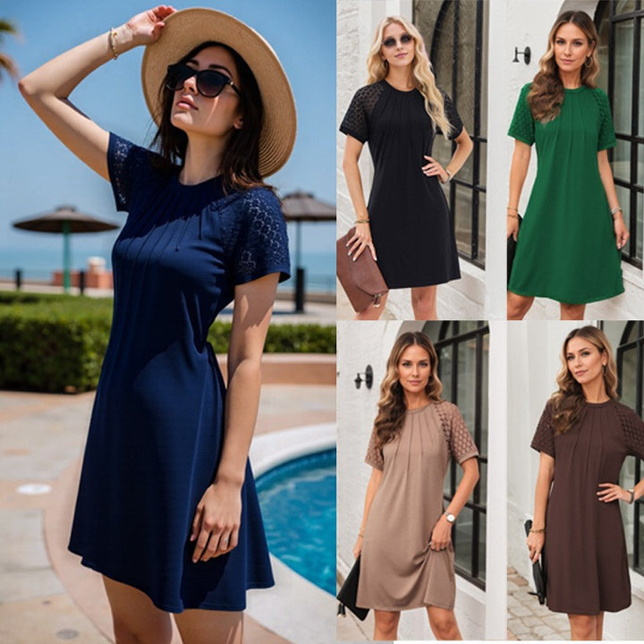 Damen Kurzärmeliges Freizeitkleid mit Faltenoberteil und Spitzeneinsätzen Echo Archiv