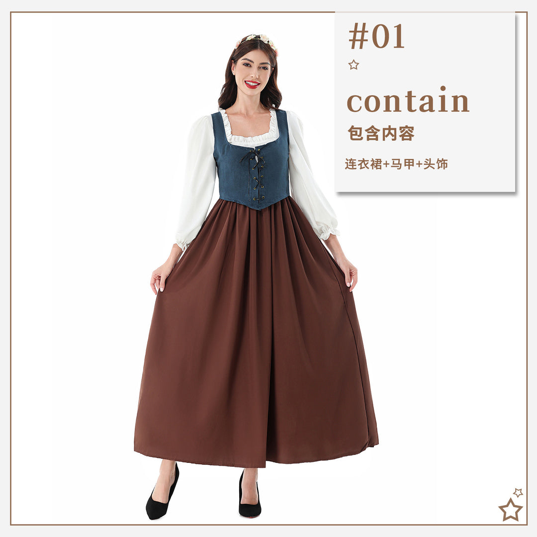 Damen nan historisches Mittelalterkleid mit geschnürter Miederweste, rüschiger Bluse und weitem Maxirock Echo Archiv
