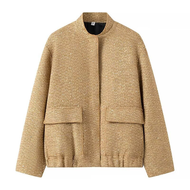 Damen nan strukturierte Boucléjacke mit Stehkragen, aufgesetzten Taschen und elastischem Saum Echo Archiv
