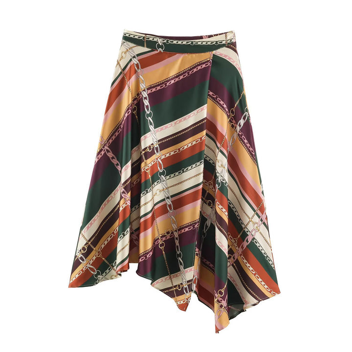 Damen Asymmetrischer Midirock mit Ketten‑Print und fließender Satin‑Optik Echoarchiv