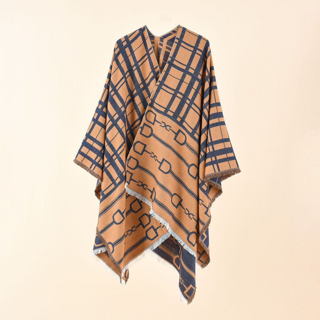 Damen Jacquard-Umhang mit Steigbügel‑Motiv und Fransensaum Echo Archiv