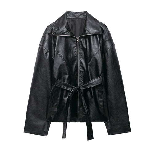 Damen Kurze Kunstlederjacke mit Taillengürtel, Reißverschluss und markantem Kragen Echo Archiv