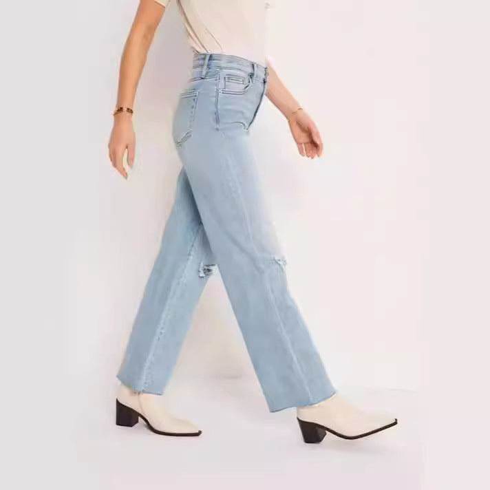 Damen High-Waist Jeans mit fransigem Saum und modischen Rissdetails Echo Archiv