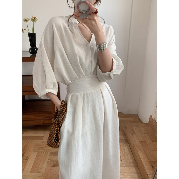Damen Leinenoptik Midikleid mit V-Ausschnitt dreiviertel Ärmeln und taillierter Taille Echoarchiv