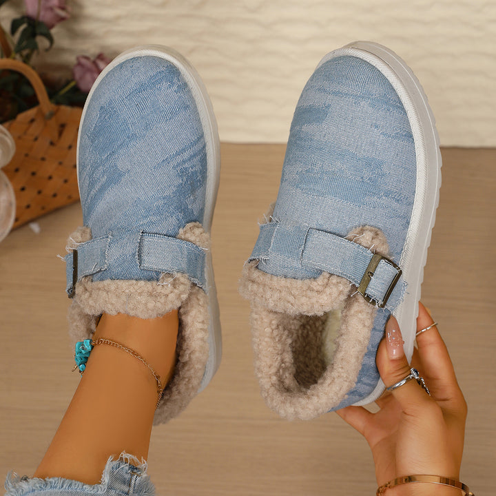 Damen Gefütterte Denim-Slip-On Hausschuhe mit Teddyfutter und verstellbarem Schnallenriemen Echo Archiv