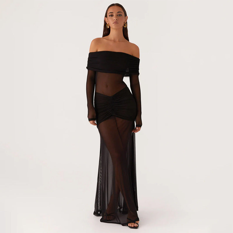 Damen durchsichtiges Maxikleid mit schulterfreiem Design und Rüschungen Echo Archiv