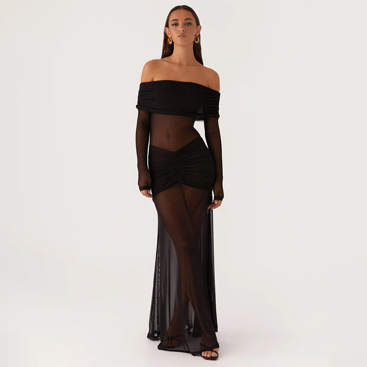 Damen durchsichtiges Maxikleid mit schulterfreiem Design und Rüschungen Echo Archiv