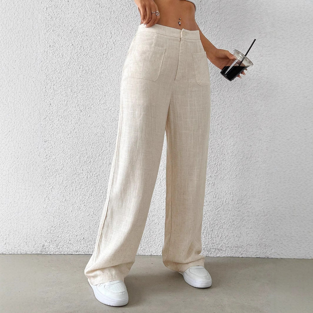 Damen Hochtaillierte Leinenlook Palazzo-Hose mit aufgesetzten Taschen – Avérine