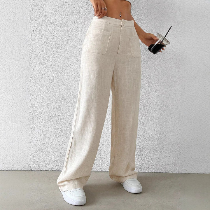 Damen Hochtaillierte Leinenlook Palazzo-Hose mit aufgesetzten Taschen – Avérine