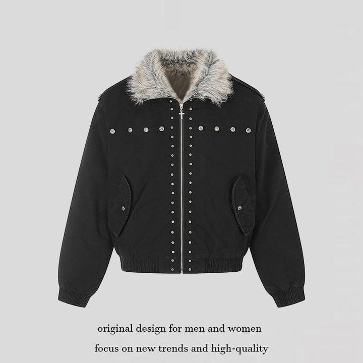 Damen wattierte Bomberjacke mit Kunstfellkragen, Nietenapplikation und Schulterklappen Echoarchiv