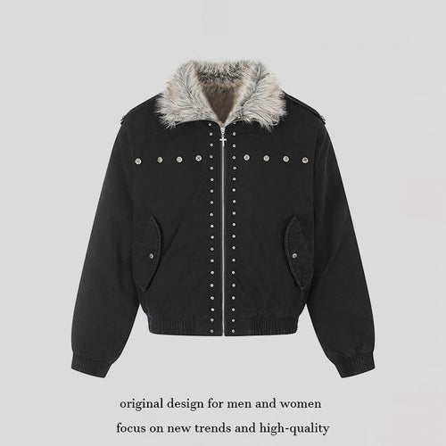Damen wattierte Bomberjacke mit Kunstfellkragen, Nietenapplikation und Schulterklappen Echoarchiv