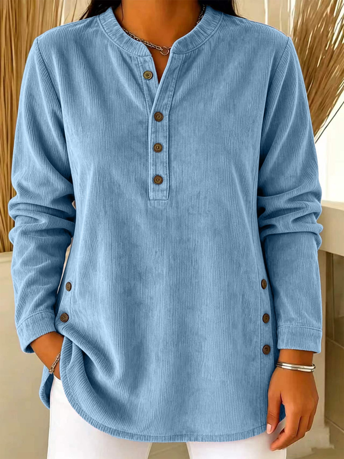 Damen Lässige Cordoptik‑Tunika mit Henley‑Kragen und Seitenknöpfen – Avérine