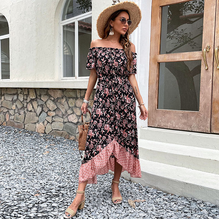 Damen Schulterfreies Boho-Maxikleid mit elastischer Smok-Taille, floralem Patchwork und hohem Seitenschlitz Echoarchiv