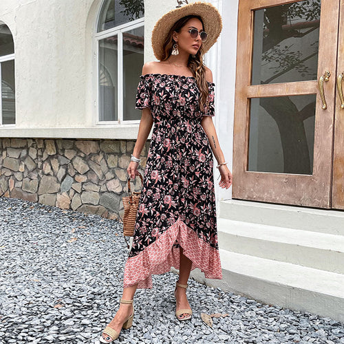 Damen Schulterfreies Boho-Maxikleid mit elastischer Smok-Taille, floralem Patchwork und hohem Seitenschlitz Echoarchiv