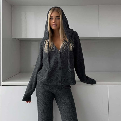 Damen kuscheliges Feinstrick-Cardigan-Set mit V-Ausschnitt und hochgeschnittener Schlaghose – Veloura