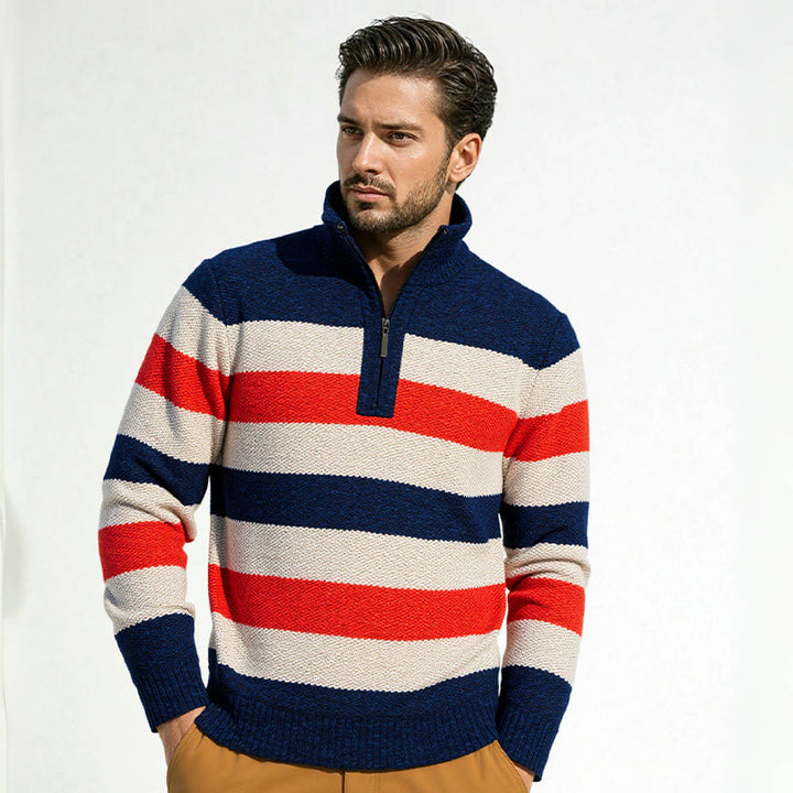 Herren Gestreifter Halbzip-Strickpullover mit Stehkragen und robuster Struktur Echo Archiv