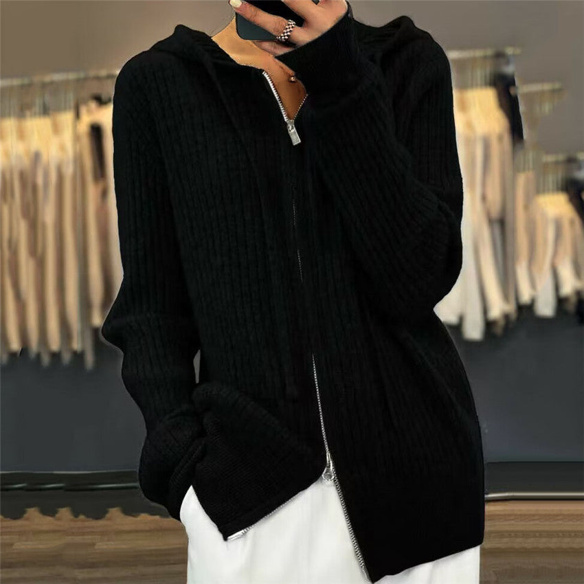 Damen nan oversized Rippstrick-Kapuzencardigan mit Zwei-Wege-Reißverschluss und Kaschmir-Blend Echo Archiv