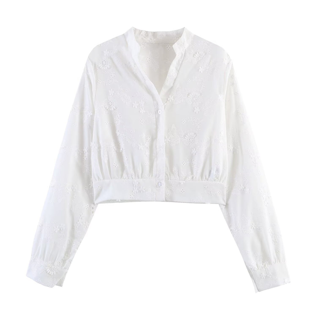 Damen Bestickte Cropped-Bluse mit Stehkragen, Lochstickerei und tailliertem Bund Echoarchiv