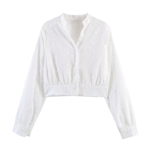 Damen Bestickte Cropped-Bluse mit Stehkragen, Lochstickerei und tailliertem Bund Echoarchiv