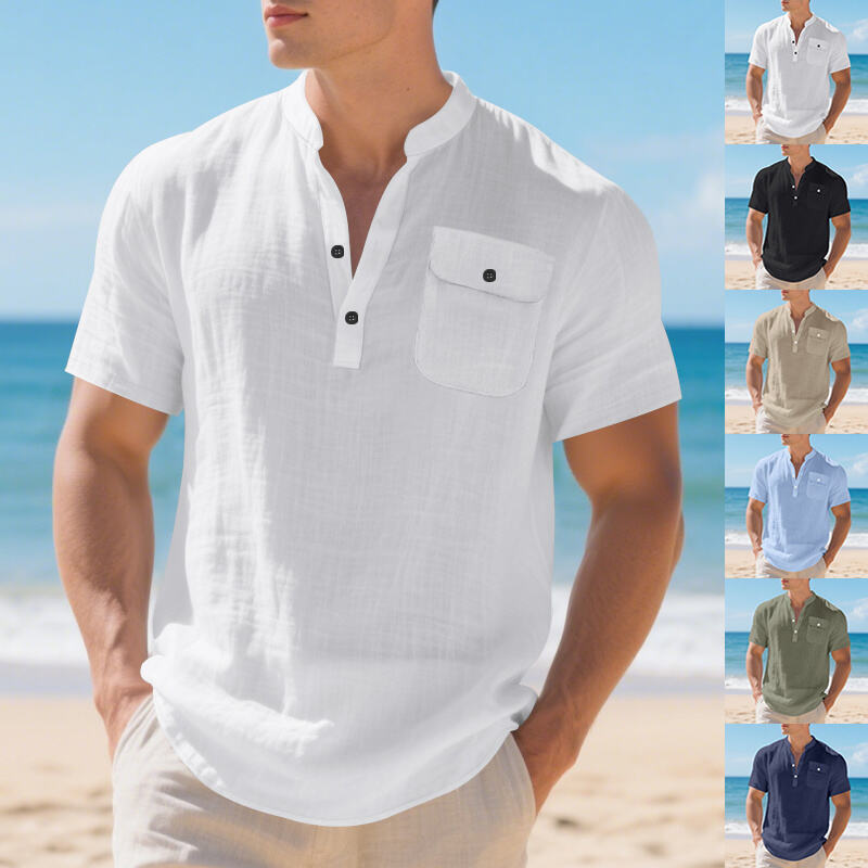 Herren Kurzarm-Hemd mit innovativem Henley-Kragen und praktischer Brusttasche Echoarchiv
