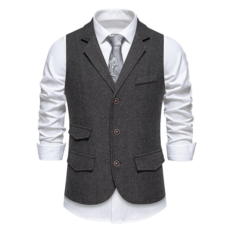 Herren Tweed-Weste mit Fischgrätstruktur, Reverskragen und Pattentaschen Echo Archiv