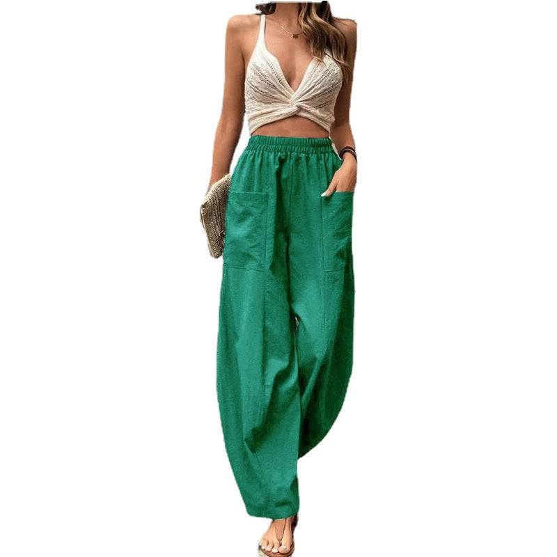 Damen Leichte Leinenhose mit weitem Bein, hohem elastischem Bund und aufgesetzten Taschen Echo Archiv