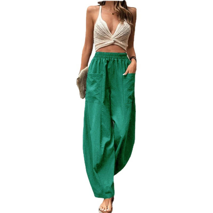 Damen Leichte Leinenhose mit weitem Bein, hohem elastischem Bund und aufgesetzten Taschen Echo Archiv