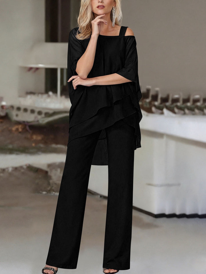 Damen Elegantes Chiffon-Zweiteiler mit Lagen‑Tunika, asymmetrischem Ein‑Schulter‑Detail und weiter Palazzohose – Élanora