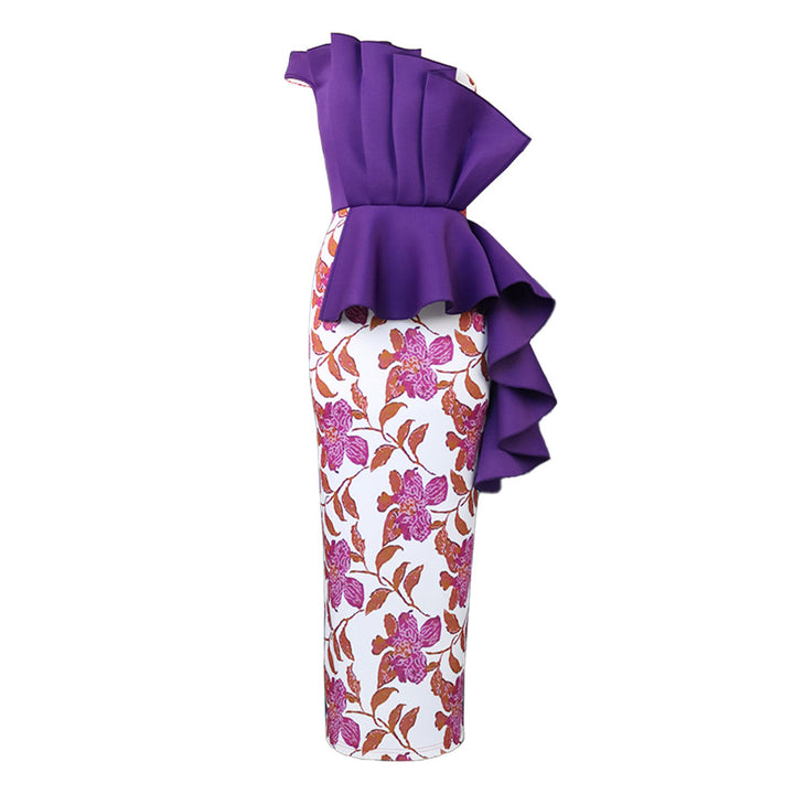 Damen elegantes Kleid mit asymmetrischem Rüschendesign und floralen Mustern Echo Archiv