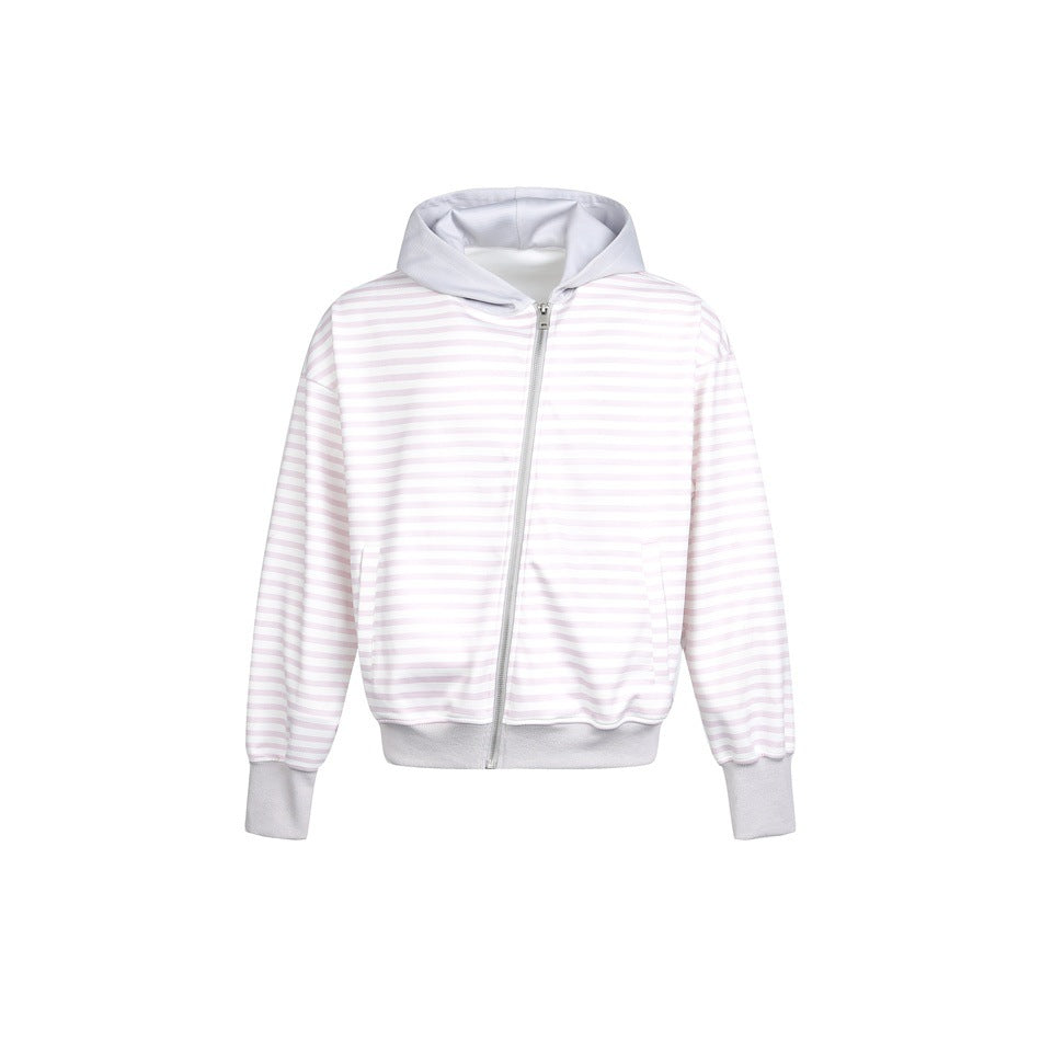 Damen Gestreifte Kapuzen-Zipjacke im Boxy‑Cut mit Rippbündchen und verdeckten Nahttaschen Echoarchiv