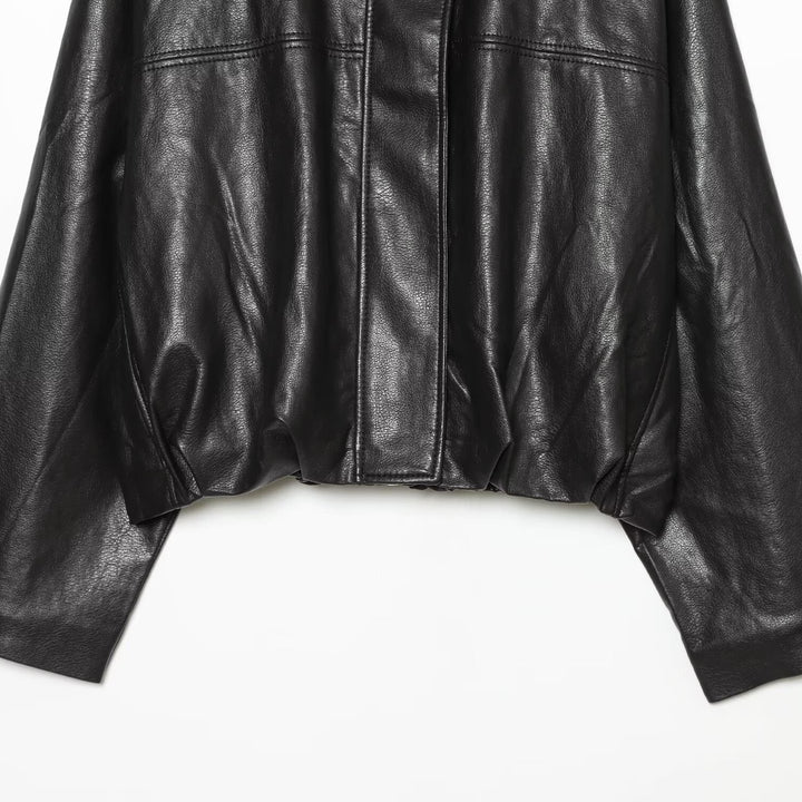 Damen Cropped Boxy Kunstlederjacke mit hohem Funnelkragen und verdeckter Leiste Echoarchiv