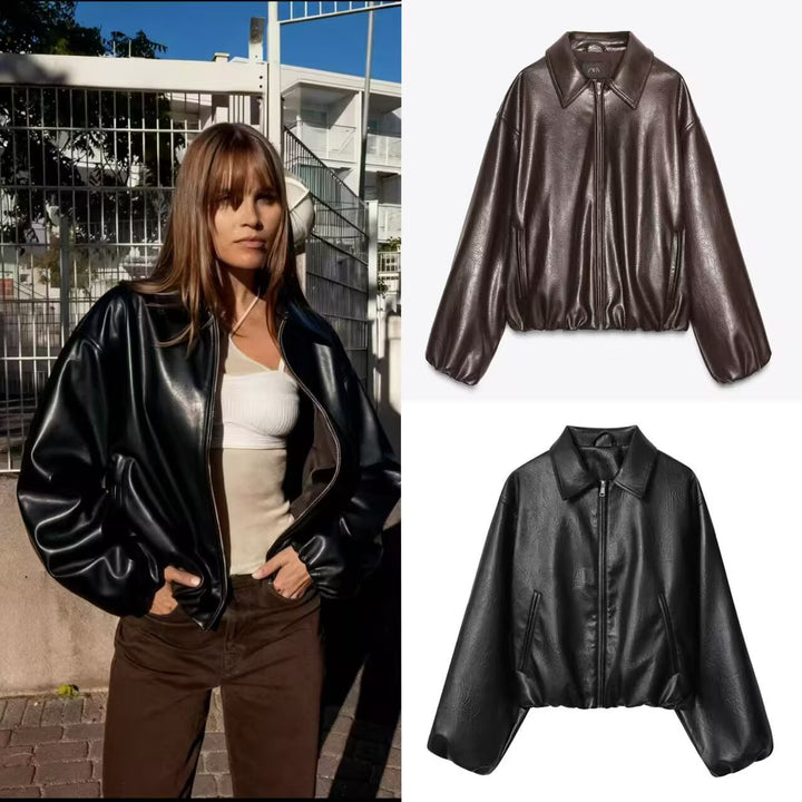 Damen Oversize-Kunstleder-Bomber mit Hemdkragen, verdecktem Reißverschluss und ballonärmeln Echo Archiv