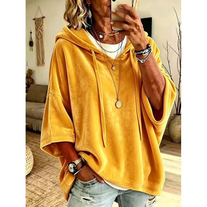 Damen Luxuriöser Samt-Hoodie mit Kimono-Kurzärmeln und Tunnelzug Echoarchiv