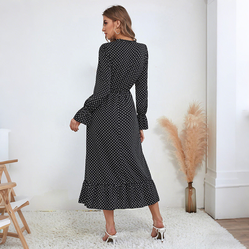 Damen Polka‑Dot Midikleid mit Schlüsselloch‑Detail, Smok‑Taille und Volantsaum – Élara