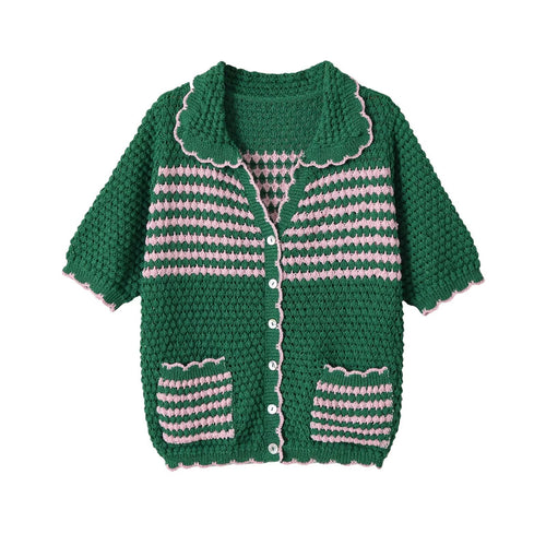 Damen Kurze gehäkelte Strickjacke mit Rüschenkragen und Kontraststreifen Echo Archiv