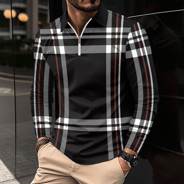 Herren modisches Langarmshirt mit modernem Zip-Kragen und auffälligem Karomuster Echoarchiv