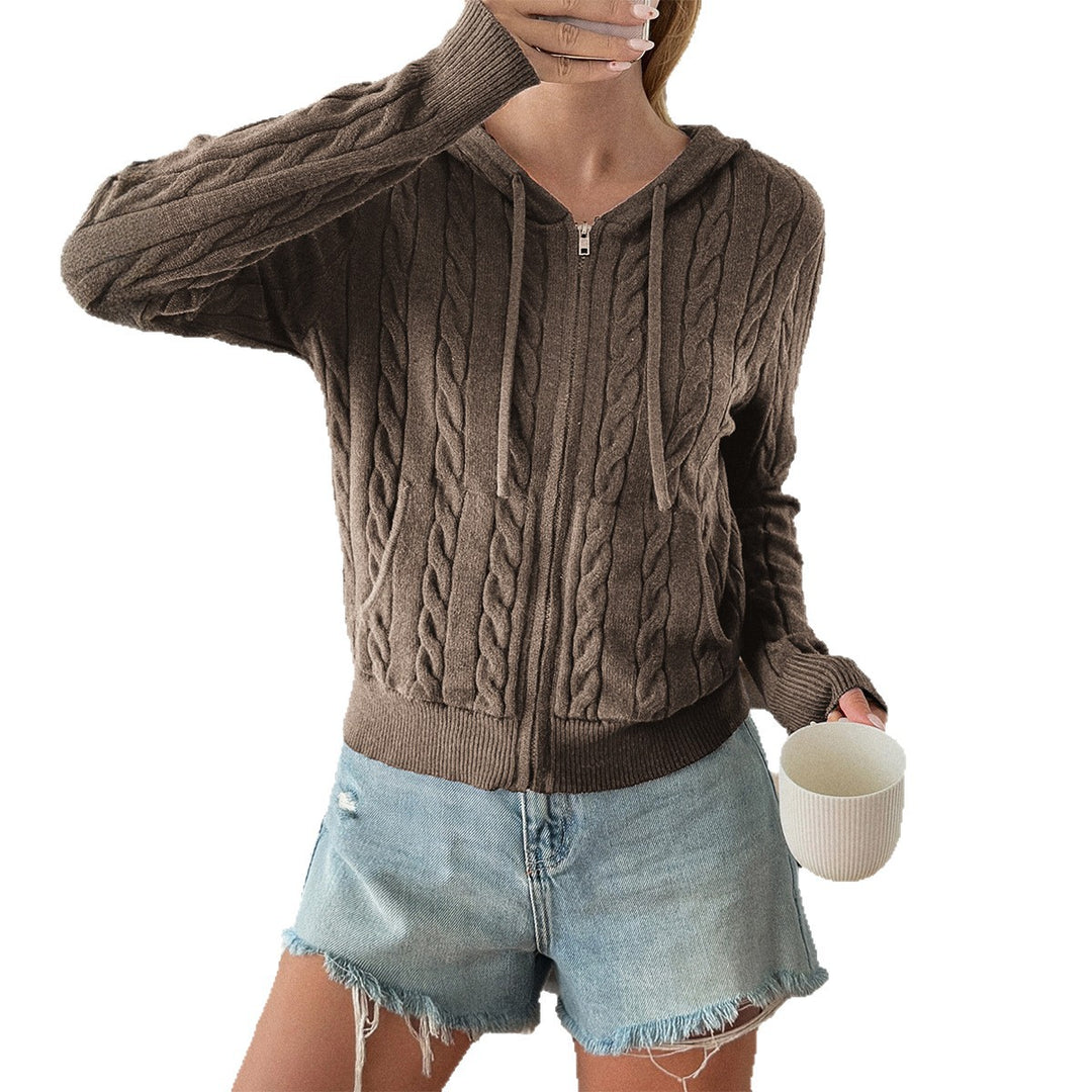 Damen Kapuzen-Strickjacke mit Reißverschluss, Zopfstrickstruktur und Kängurutasche – Veloura