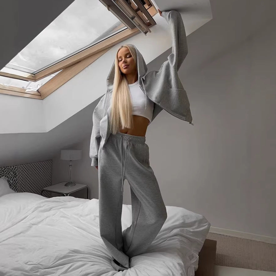 Damen lässiges Kapuzen-Sweatshirt mit Reißverschluss und weiten High-Waist Jogginghose – Auréline
