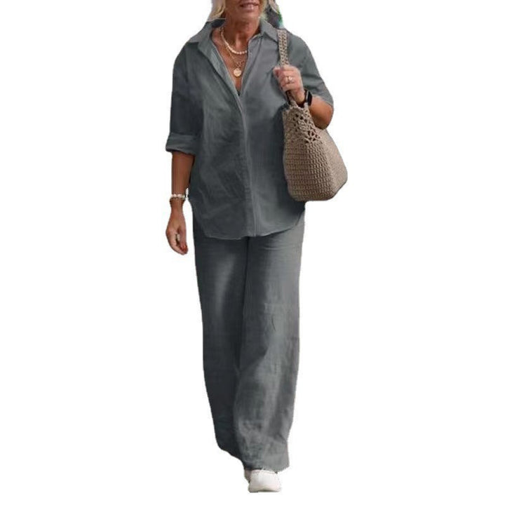 Damen Leichtes Leinen-Loungewear-Set mit offenem Hemdkragen und weiter Palazzohose Echoarchiv