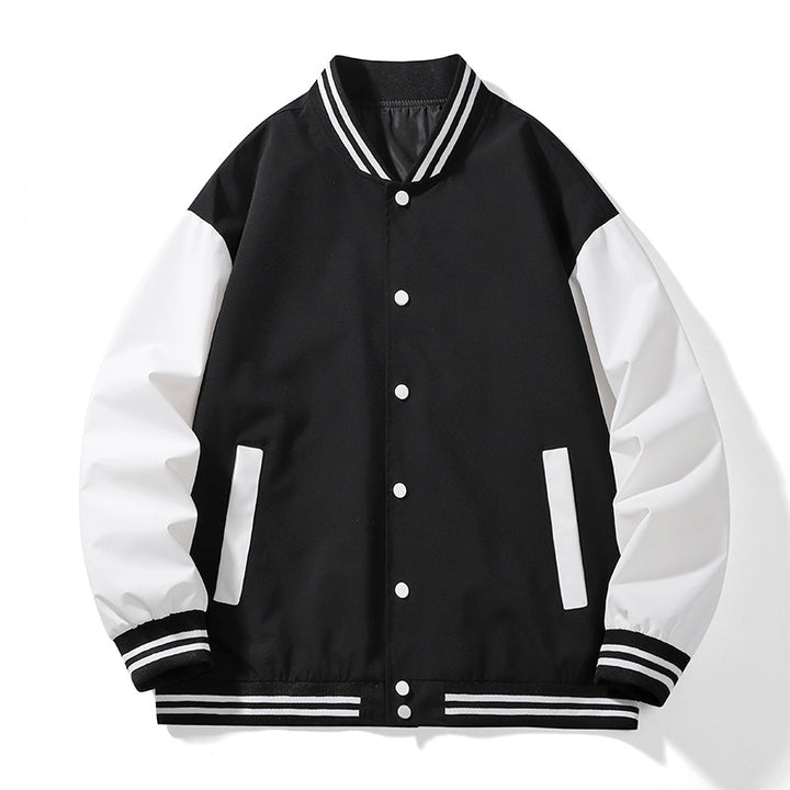 Unisex College Varsity Bomberjacke mit kontrastierenden Ärmeln, gestreiften Rippbündchen und Druckknopfverschluss – Brevano