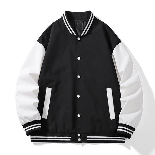 Unisex College Varsity Bomberjacke mit kontrastierenden Ärmeln, gestreiften Rippbündchen und Druckknopfverschluss – Brevano